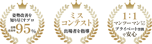 姿勢改善を知り尽くすプロ
姿勢改善率95％
ミスコンテスト出場者を指導
マンツーマンレッスン
プライベート空間で安心