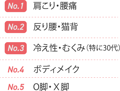 No1:肩こり・腰痛、No2:反り腰・猫背、No3:冷え性・むくみ（特に30代）