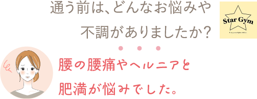 通う前は、どんなお悩みや不調がありましたか？⇒腰の腰痛やヘルニアと肥満が悩みでした。