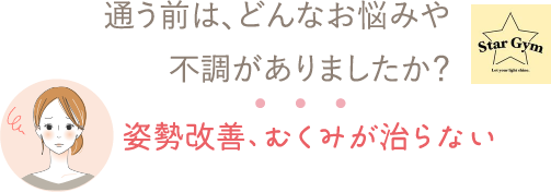 通う前は、どんなお悩みや不調がありましたか？⇒姿勢改善、むくみが治らない