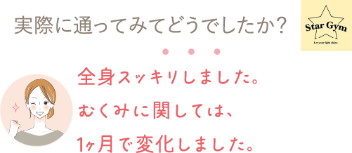 実際に通ってみてどうでしたか？⇒全身スッキリしました。むくみに関しては、1ヶ月で変化しました。