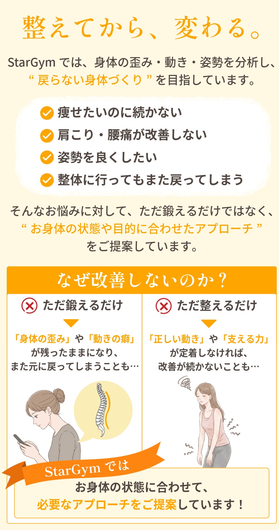 ただ鍛えるだけ・ただ整えるだけでなく、お身体の状態や目的に合わせたアプローチをご提案するということが記載された画像